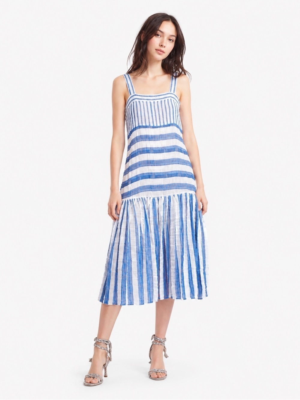 WARM Biscay Blue White Striped Cotton Gauze Midi Dress Coastal 0